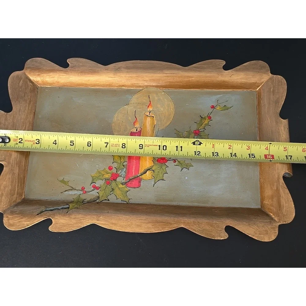 Vintage Gold Metal Handpainted Christmas Tray Lit‎ Candles And Berries 1960